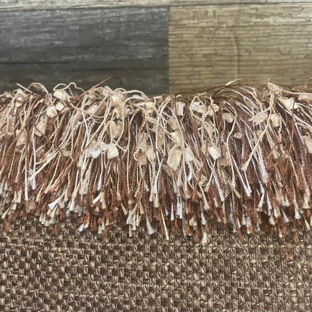Pier 1 Imports Brown Burlap Woven Throw Pillow with Eyelash Fringe Trim confetti